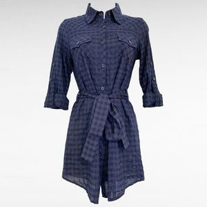 Solemio | NWOT Shirt Dress Tunic Blouse Tie Waist Blue-Black Checkered  S